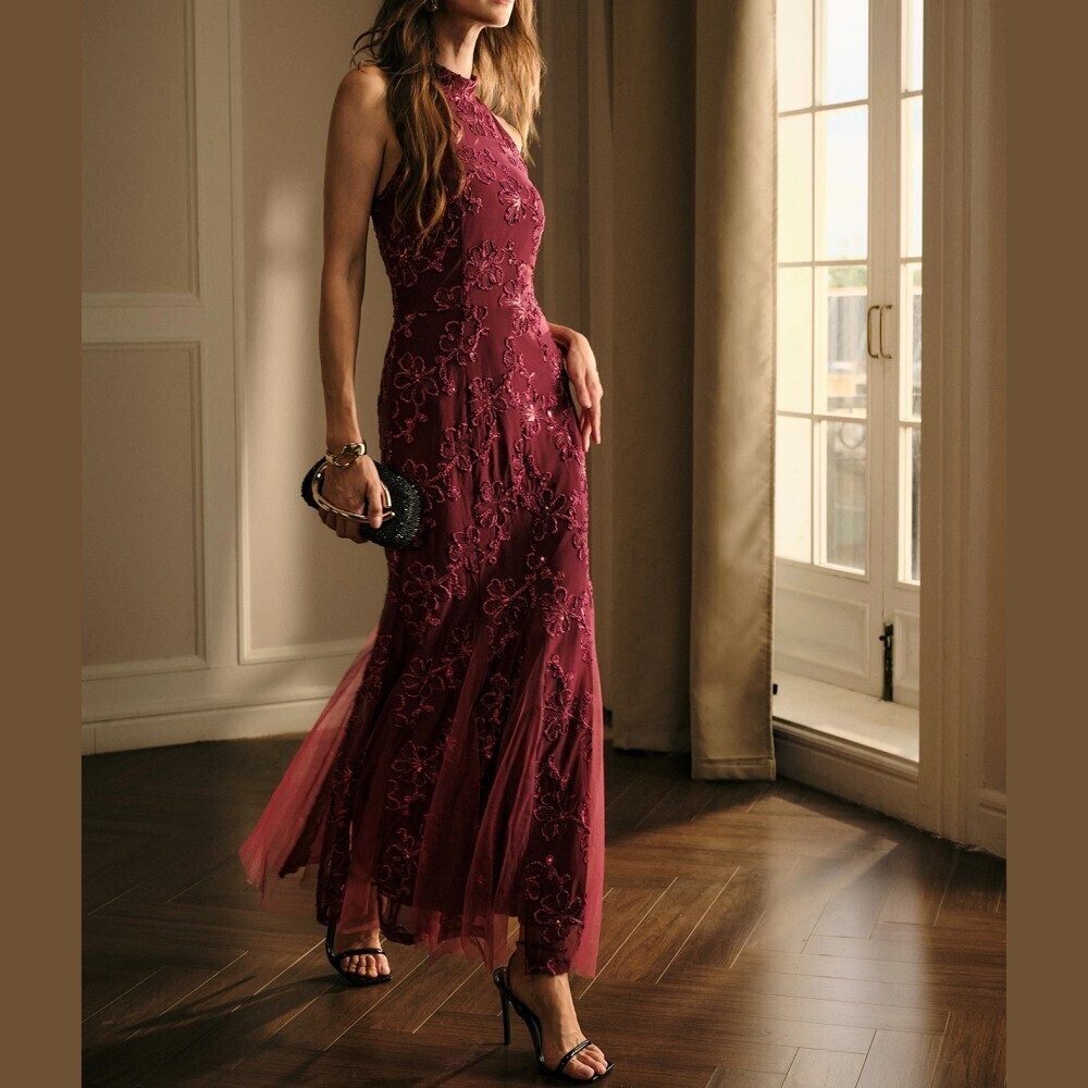 Burgundy Floral Halter Neck Slim Fit Mermaid Maxi Dress